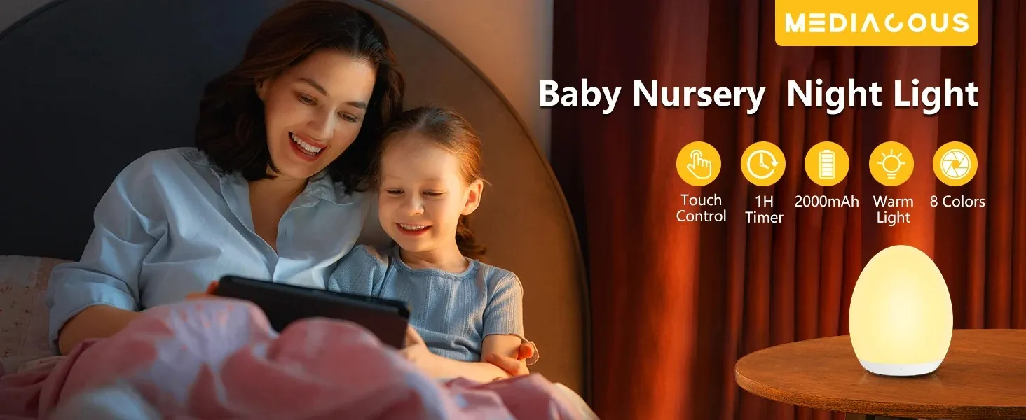 Mediacous Baby Nursery Night Light glowing warmly on a bedside table while a mother and child read a tablet in bed.