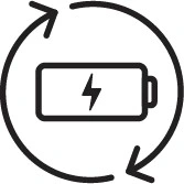 Icon of a battery with a lightning bolt symbol inside, surrounded by a circle with rotating arrows.