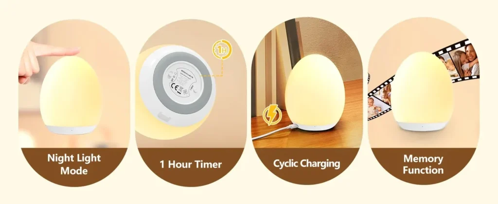 Collage of four images demonstrating night light features: touch control mode, 1-hour timer setting on the bottom, USB cyclic charging, and memory function.