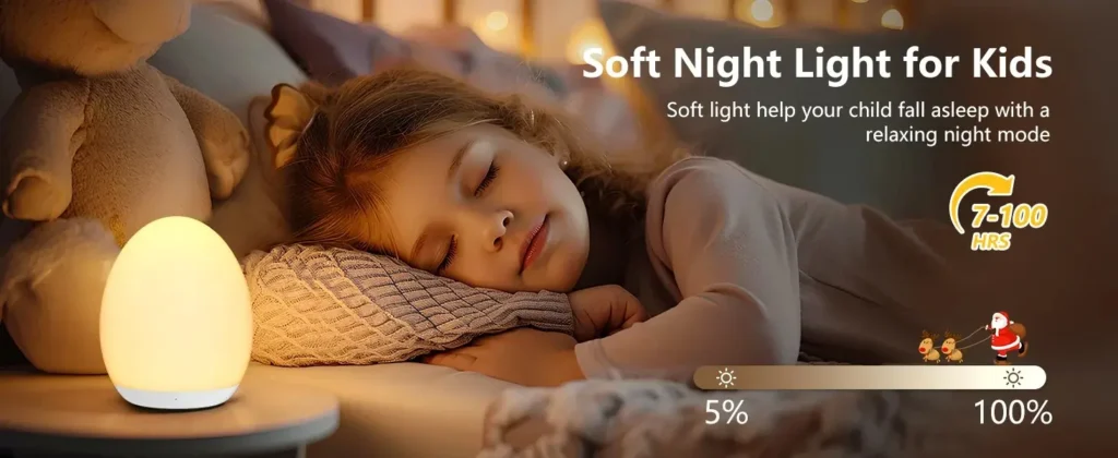 Young girl sleeping peacefully next to a dimmable egg-shaped night light, featuring a brightness adjustment slider graphic from 5% to 100%.