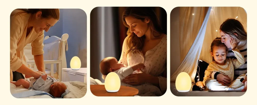 Three-panel collage showing a mother using a portable night light for changing a baby, breastfeeding, and reading a bedtime story to a toddler.
