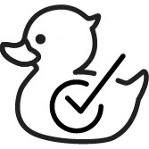 Outline illustration of a rubber duck with a checkmark symbol inside its body.
