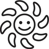 Simple line art icon of a smiling sun with wavy rays surrounding a happy face.