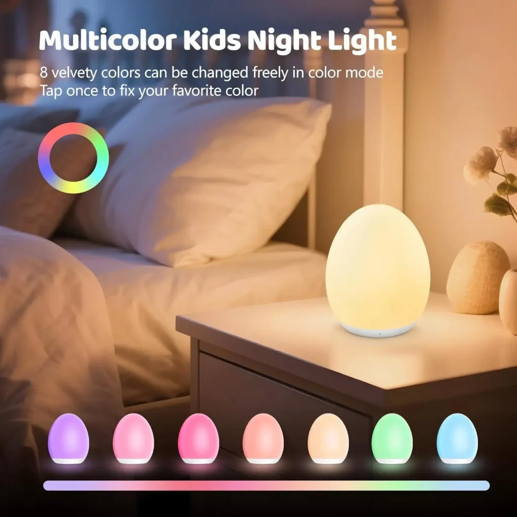 Multicolor kids night light on a bedside table with a graphic showing 8 different color variations including pink, green, and blue.
