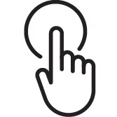 Line art icon of a hand with a finger tapping a circle, representing touch sensitivity.