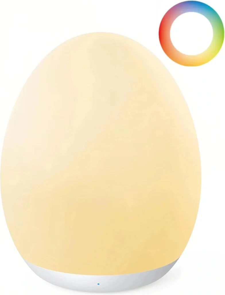 Egg-shaped rechargeable night light glowing with warm white light, featuring an RGB color wheel icon in the corner.